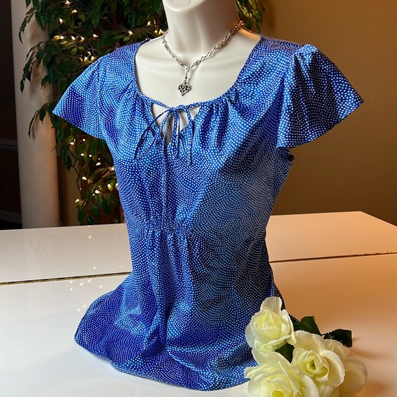 💙BANANA REPUBLIC BLUE & WHITE RUFFLE SHORT SLEEVE TOP SIZE SMALL💙 - Picture 2 of 14